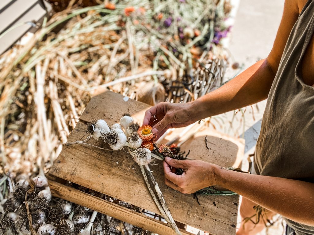 braiding garlic with dried flowers