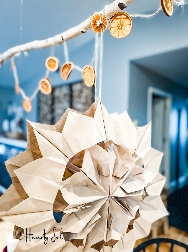 paper snowflake hanging from a birch branch