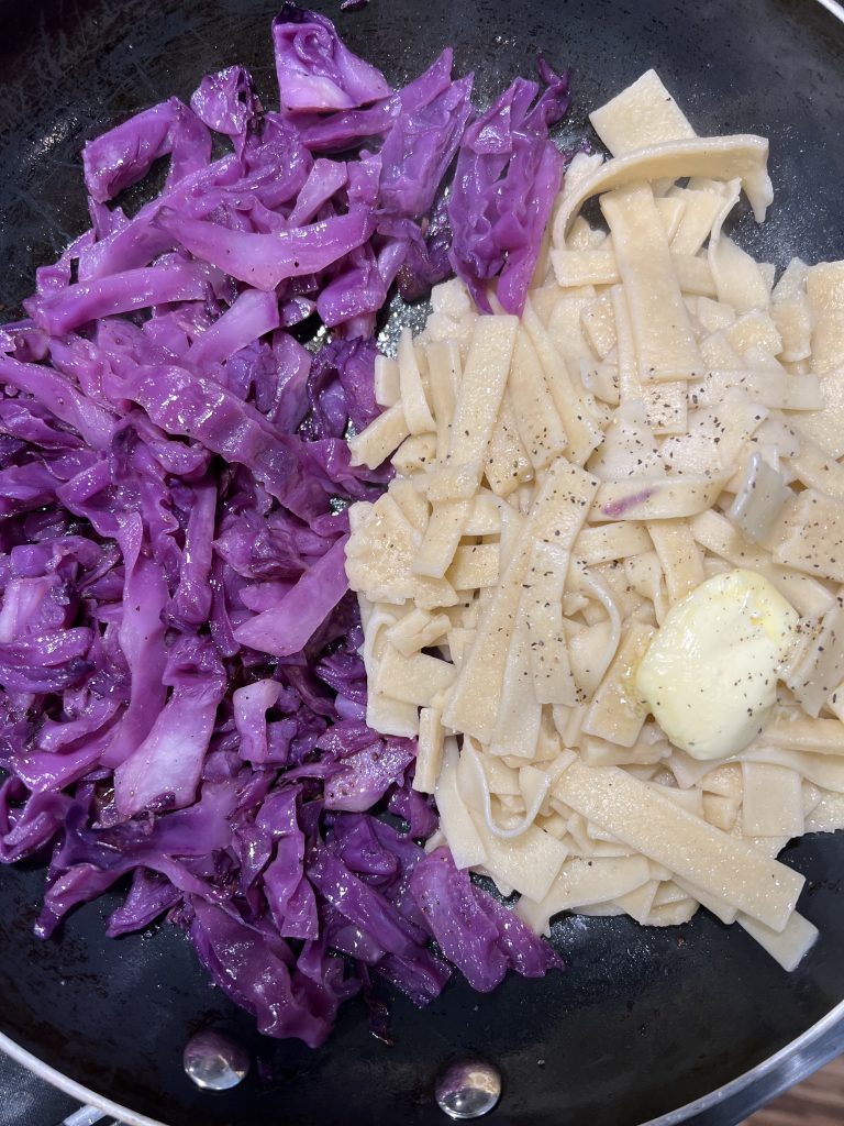 fried cabbage and egg noodles