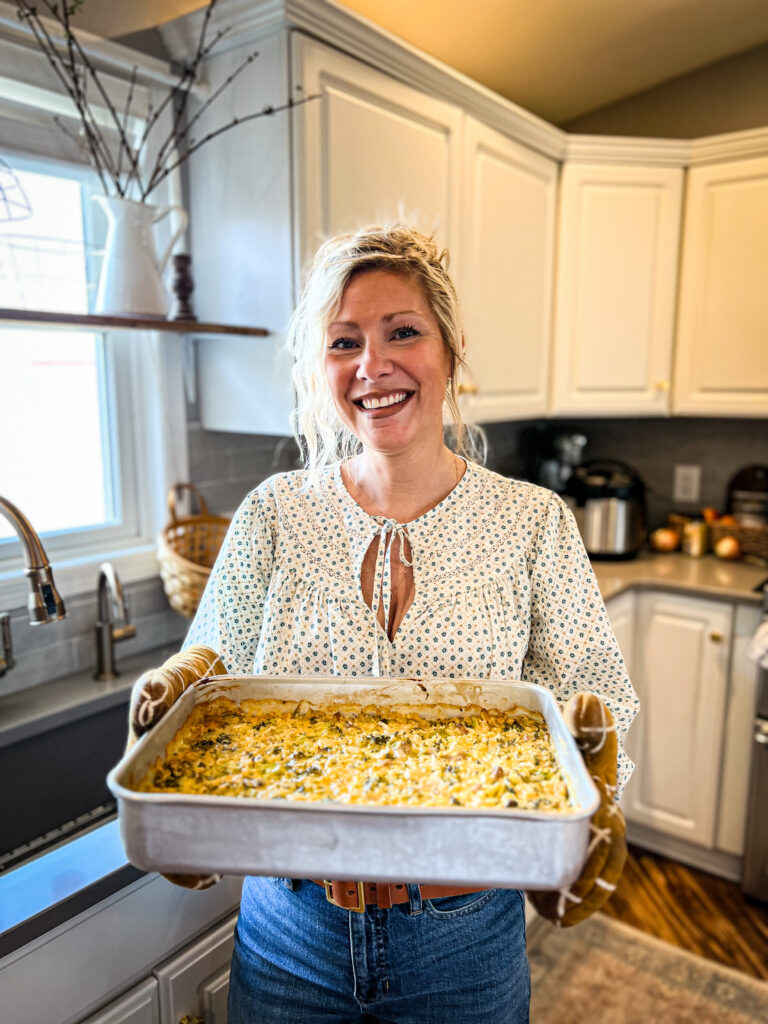 Serving broccoli, cheese and rice for the side dish