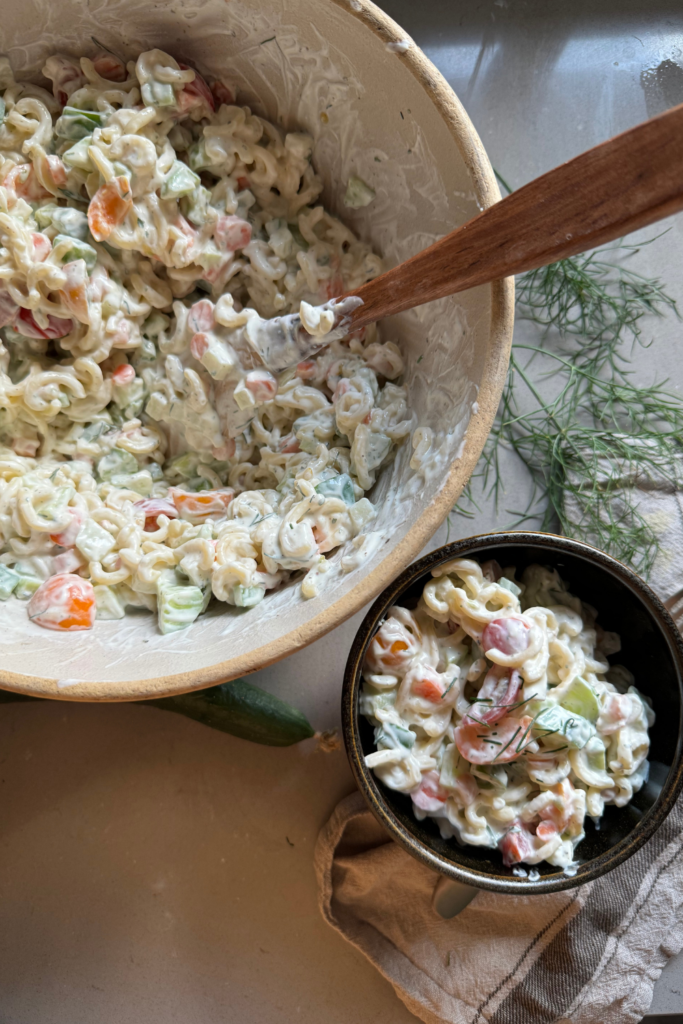 Making Creamy Ranch Pasta Salad 