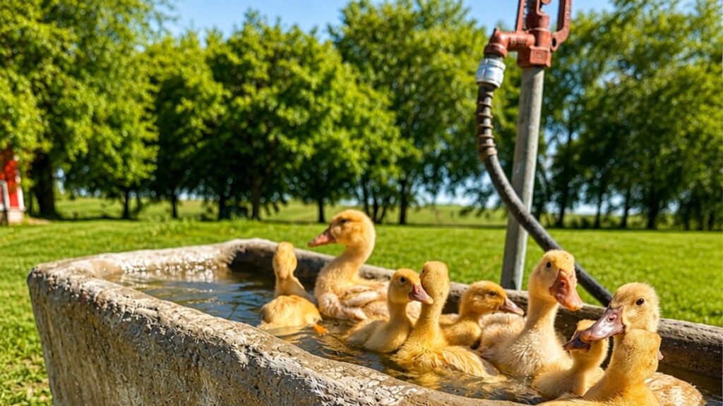 Ducklings in a Stone Trough Fountain